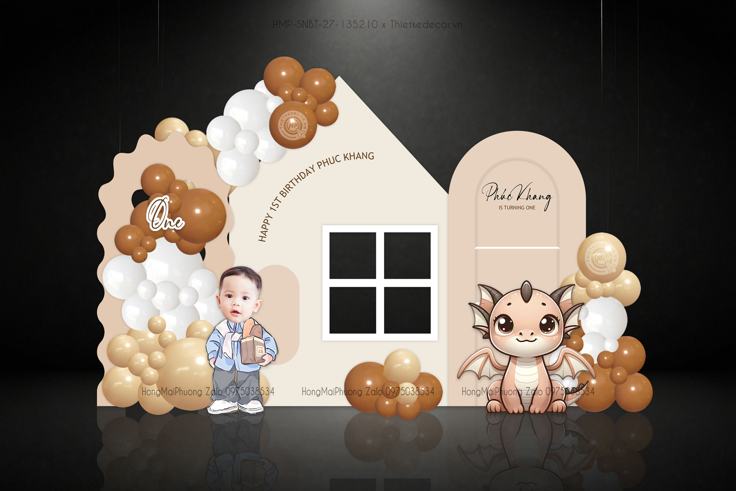 Sinh nhật bé trai tuổi rồng tone nâu tây, beige, shape hình ngôi nhà